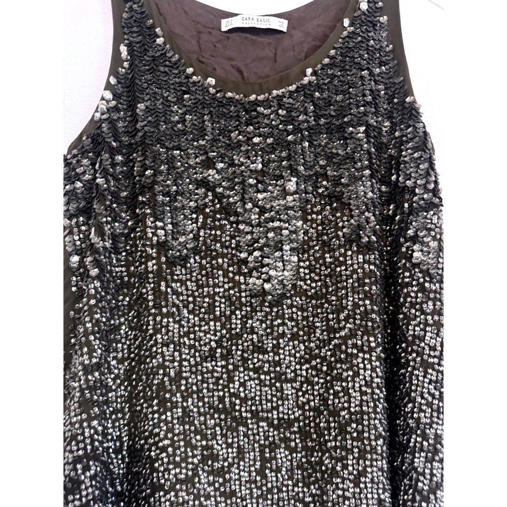 Zara | Basic Women's Brown Metallic Sequin Mini Shift Dress Sleeveless - Picture 2 of 5